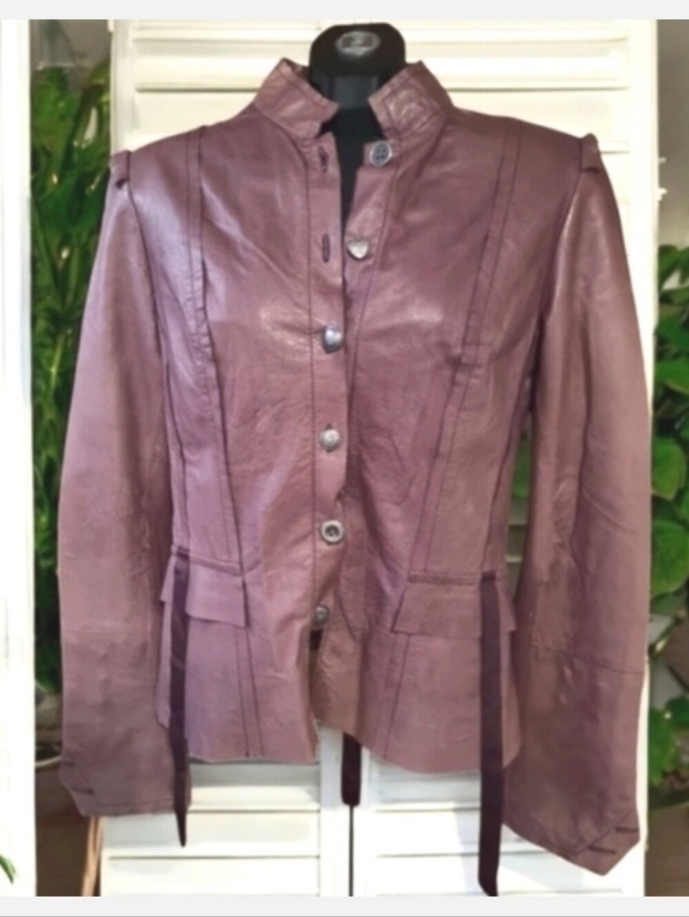 Danier Stunning Unique Plum Leather Jacket With Silver Mismatched Buttons Size S